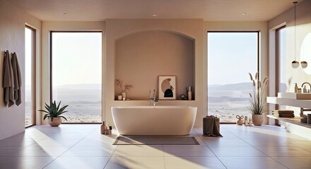 Fototapeta premium Contemporary Minimalist Bathroom Featuring a Luxurious Freestanding Bathtub