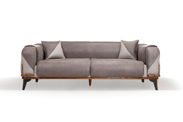 A modern two-seater sofa with two-tone fabric, throw pillows, and a wooden frame, isolated on a...