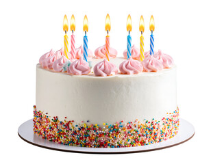 A beautifully decorated birthday cake adorned with colorful sprinkles and seven glowing candles, ready for a festive