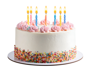 A beautifully decorated birthday cake adorned with colorful sprinkles and seven glowing candles, ready for a festive