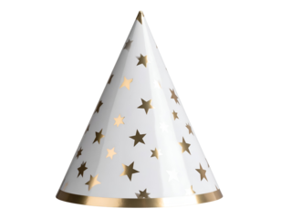 Celebrate in style with this charming conical party hat featuring brilliant gold star embellishments and a sleek