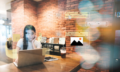 Gen Z business woman using assistance ai chatbot modern analysis technology at cafe