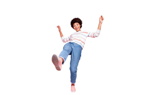 Full length body size photo of excited ecstatic cute cheerful hilarious black woman approaching you wearing white striped sweater isolated over pastel color background