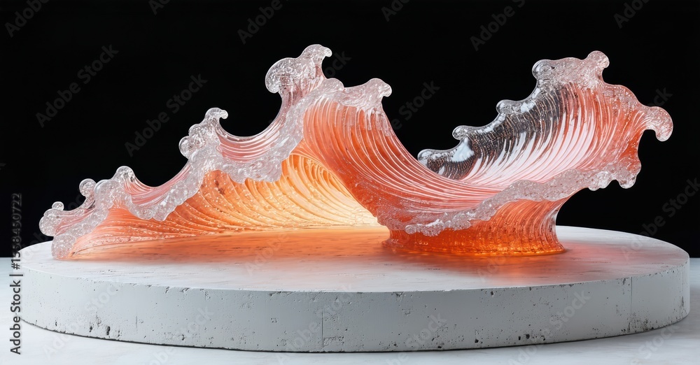 Poster glass waves sculpture rests upon concrete base. warm lighting highlights translucent form, creating 