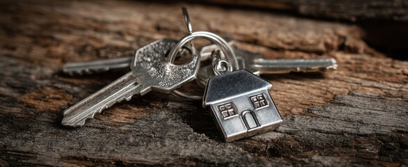 The keys adorned with a house charm on a rustic wooden background.