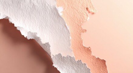 Artistic minimalist close-up of torn white to peach paper on light pink background with corner copy space for creative projects.