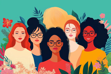 Woman empowerment concept, five different nationality woman, strong together and feminist concept vector i