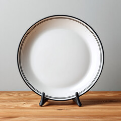 Fototapeta premium Elegant white plate with a black rim, displayed on a wooden surface against a neutral background.