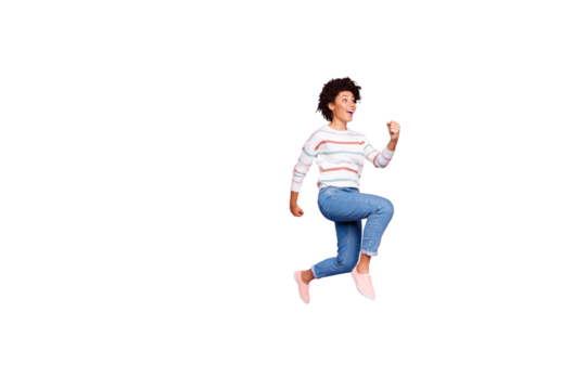 Full length body size photo of cute cheerful astonished shocked black youngster running jumping towards sales with emotions on face jeans denim sweater striped isolated pastel color background