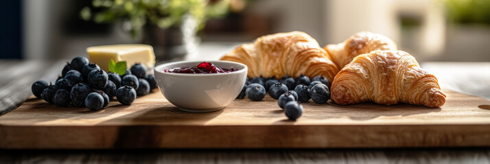 Freshly baked croissants are served on a wooden board alongside a small bowl of jam and ripe blueberries, creating a tempting breakfast spread perfect for a leisurely morning, banner