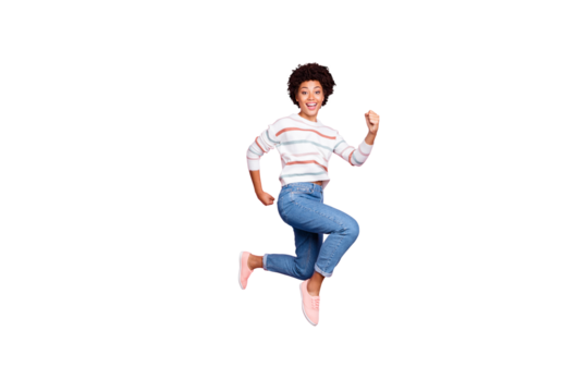 Full length body size photo of excited cute crazy cheerful girlfriend running towards shopping mall discounted wearing jeans denim striped white sweater isolated over pastel color background