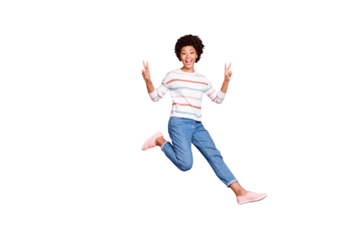 Full length body size photo of cute funny girl showing you double v-sign while running towards goods discounted at shopping mall in jeans denim striped sweater isolated pastel color background