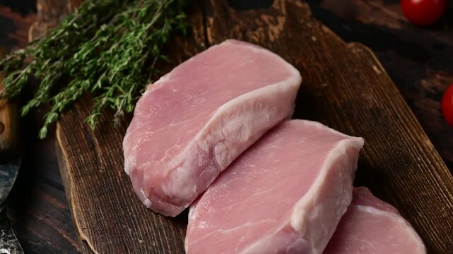 Fresh raw pork escalopes on wooden board with herbs and tomatoes
