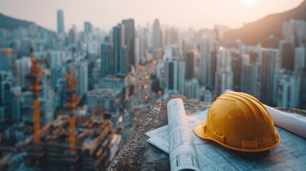 Sunrise over construction site, yellow safety helmet with blueprints, professional architecture planning, engineering theme.