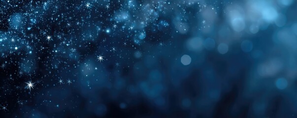Dark blue background with stars and bokeh lights, soft - focus effect on starry sky for ethereal product branding banners and posters.