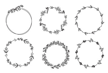 Floral Wreath Line Art Collection Minimal Botanical Circle Frames Hand Drawn Leaf Wreath Set Vintage Floral Border Elements Elegant Nature Wreath Designs
Black and White Leafy Circle Frames