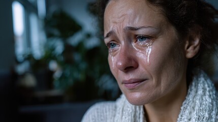 A woman is visibly distressed, sobbing with tears streaming down her face. She is surrounded by a moody environment, reflecting her inner turmoil and grief in a private moment