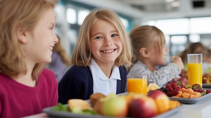 Cheerful Elementary School Children Enjoying Healthy Lunch at Cafeteria Table