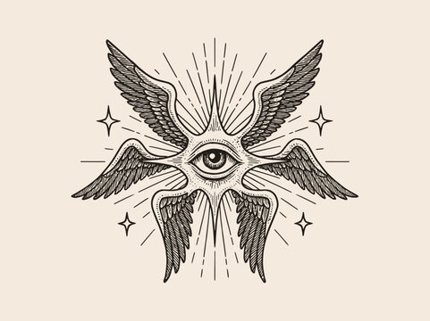 Winged eye seraphim engraving style vector illustration