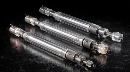Hydraulic cylinders displayed with harsh sidelight on black reflective surface