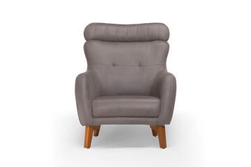 Fototapeta premium Modern grey fabric wingback armchair with wooden legs, isolated on white background.