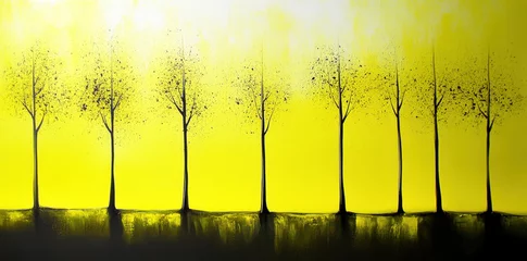 Gordijnen Vibrant abstract landscape featuring row of silhouetted trees against bright yellow background. artwork evokes sense of tranquility and warmth, perfect for modern decor © Tea leaves