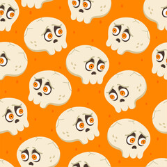Simple skull with orange eyes seamless pattern. Vector Halloween repeat orange background with white skeletons. Funny print for fabric texture, Day of Dead decor, wallpaper, wrapping paper, backdrop.