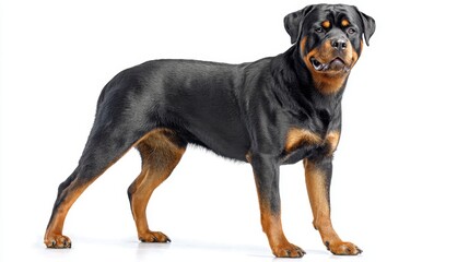 Obraz premium A rotweiller with strong frame and alert posture on clean white ground