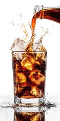 Refreshing beverage being poured into glass with ice, creating a dynamic splash. Sweet and bubbly delight.
