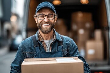 A young delivery person wearing blue overalls and a cap stands outside a delivery van. He smiles broadly while holding a package, ready to make a delivery in a bustling urban area