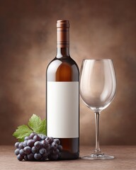Obraz premium Elegant Wine Still Life: Bottle, Glass, and Grapes on a Table with a Brown Backdrop.