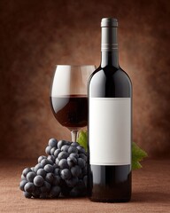 Obraz premium Elegant wine presentation with bottle, glass, and grapes against a brown textured backdrop. Classic still life.