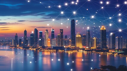 Fototapeta premium Illuminated Cityscape at Dusk with Network Overlay Reflected in Water