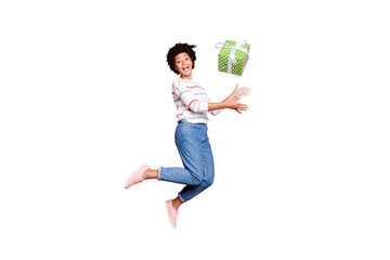 Full length body size photo of excited crazy funky funny cheerful cute childish girlfriend catching...