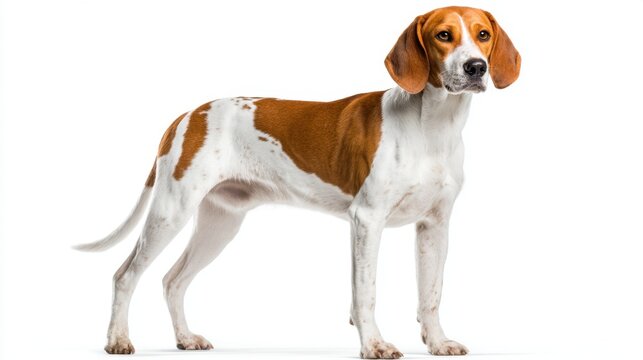 A smooth-coated foxhound standing tall with even stance on white backdrop