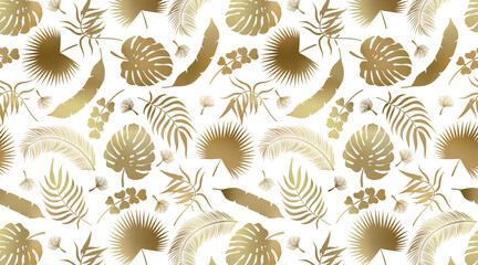Abstract palm leaves pattern background. Vector gradient gold tropical jungle texture. Abstract palm leaf silhouettes summer golden foil print for exotic wallpapers, wrapping, backdrop, decor.