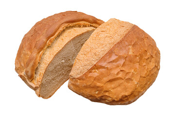 Big round loaf of bread with one slice cut out on transparent background. Cut in the middle and...