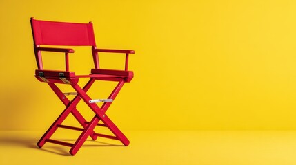 Bright red folding chair standing upright on a vibrant yellow background with clean studio lighting