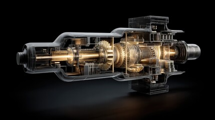 Power plant turbine cross-section over smooth black backdrop