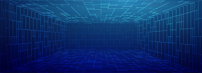 Metaverse 3d grid background with wireframe cube and infinite perspective. Futuristic cyberspace concept with digital mesh network and hologram texture. Blue purple vector structure for vr design.