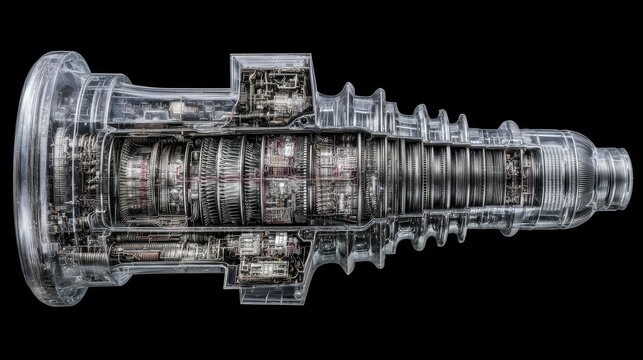 Power plant turbine cross-section over smooth black backdrop