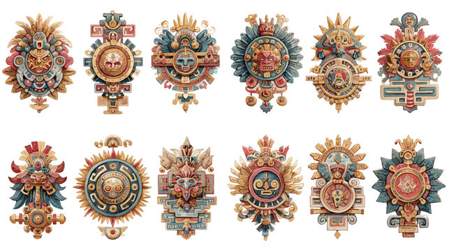 Intricate Aztec-inspired badge ornaments with symbolic patterns, sun motifs, and tribal elements in earthy tones. Great for cultural designs or ancient decorations.

