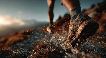 Close up of muddy running shoes splashing water and mud on a mountain trail at sunrise during a workout