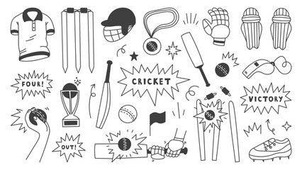 Cricket Elements Doodle Set. Sports Game Gear Collection with Ball Bat Helmet Uniform and Equipment. Outline items and symbols in hand drawn comic style. Vector illustration