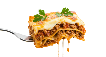 Appetizing lasagna slice on a fork with a transparent background, showcasing layers of pasta, meat sauce, and cheese, garnished with parsley.