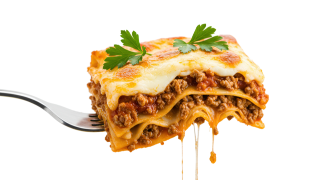Appetizing lasagna slice on a fork with a transparent background, showcasing layers of pasta, meat sauce, and cheese, garnished with parsley. - Powered by Adobe