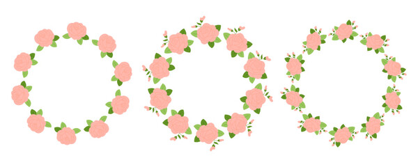 Set round rose borders for design and decoration. Pink flower frames. For invitations, packaging, greeting cards.	