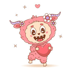 Cute Pink Monster Character with Heart. Romantic Cool Cartoon Funny kawaii horned beast. Vector illustration