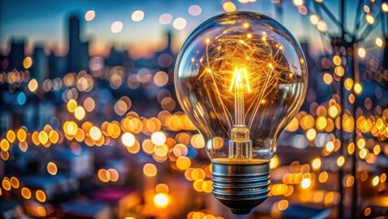 Close up of glowing incandescent light bulb filament with bokeh city lights background image
