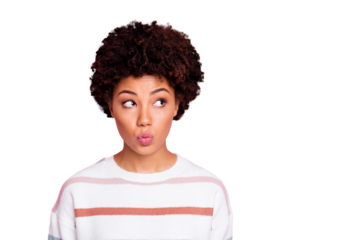 Close up photo of amazing dark skin shy lady looking empty space sending air kiss wear fluffy white striped pullover isolated pink color background